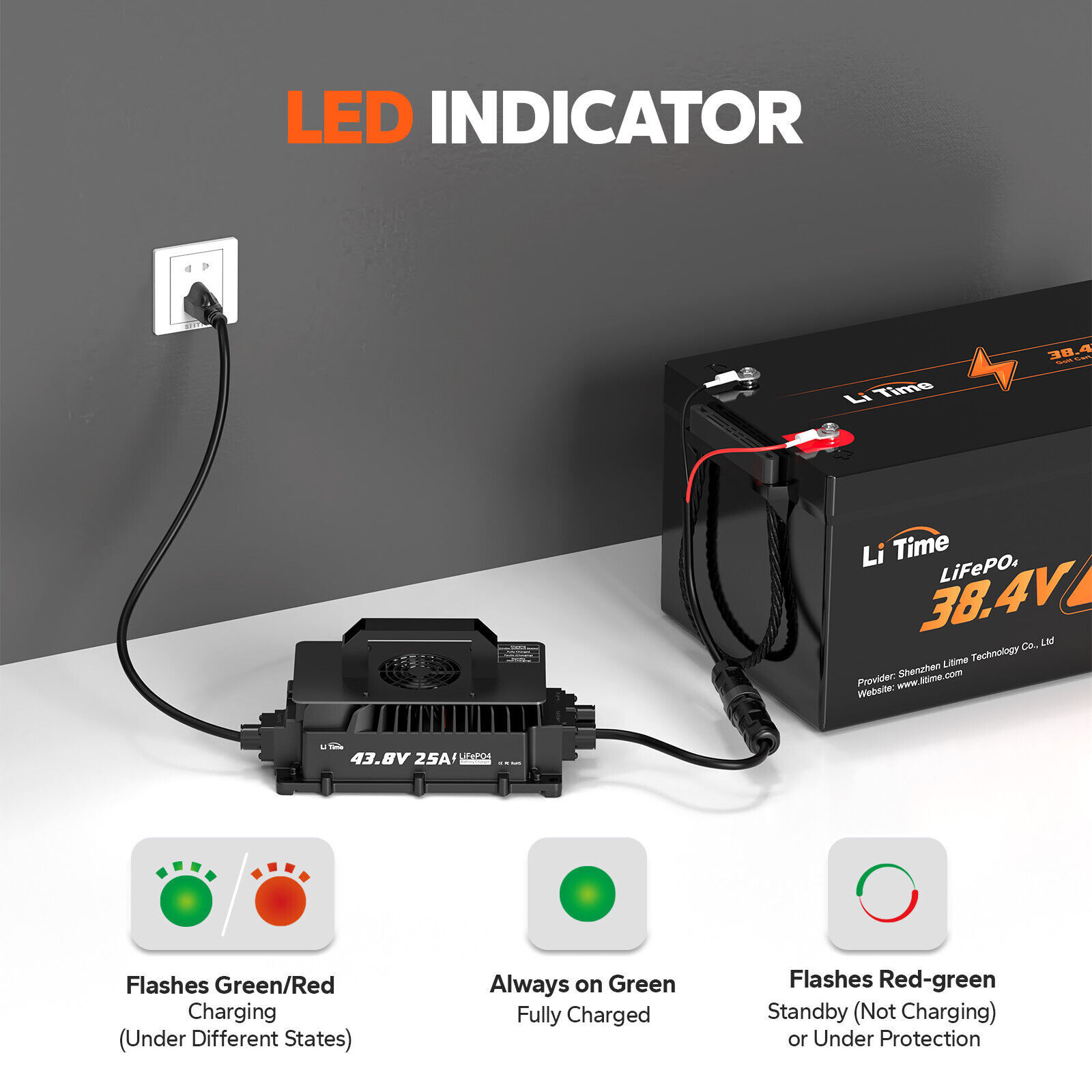 LiTime 43.8V 25A Waterproof AC-DC Charger for 36V(38.4V) Lithium LiFePO4 Battery