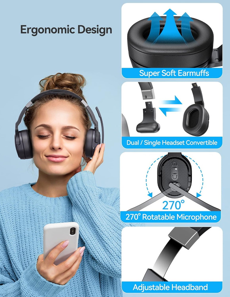 Bluetooth Trucker Headset, Noise Cancelling, 50Hrs, Dual Ear, Mic for Work
