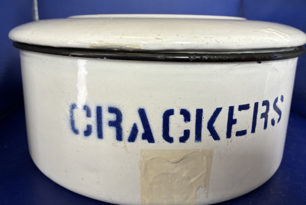 Antique White Enamel Ware Crackers Tin With Lid