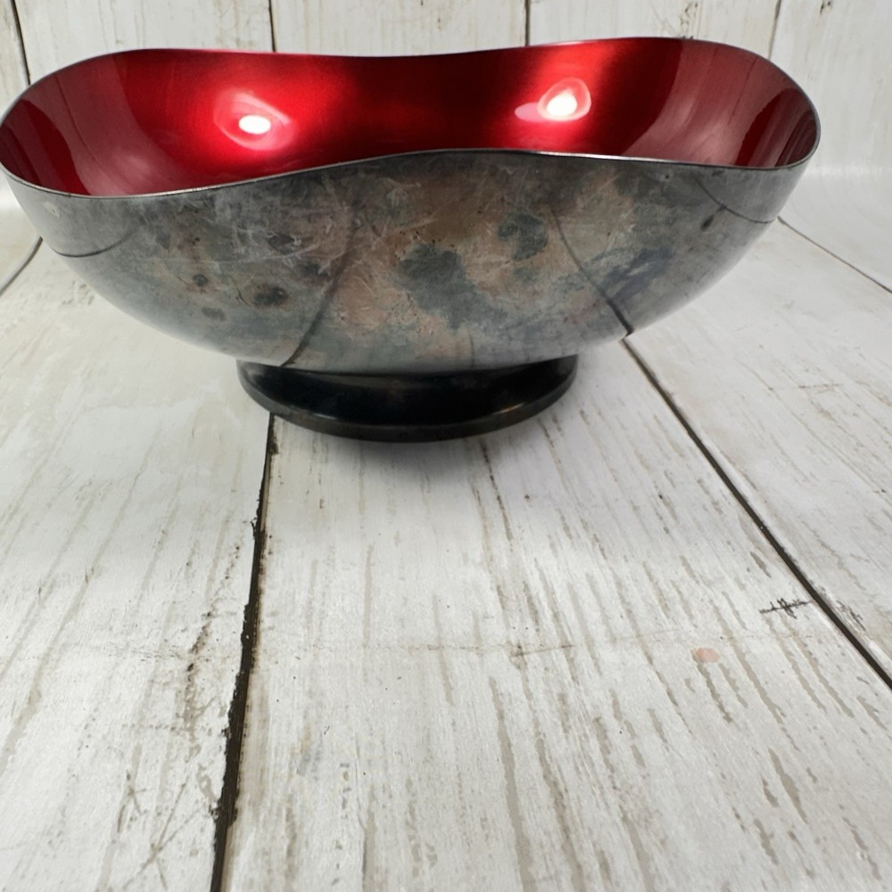 VTG Mid Century Modern DANISH Silverplate Bowl RED Enamel Interior Marked