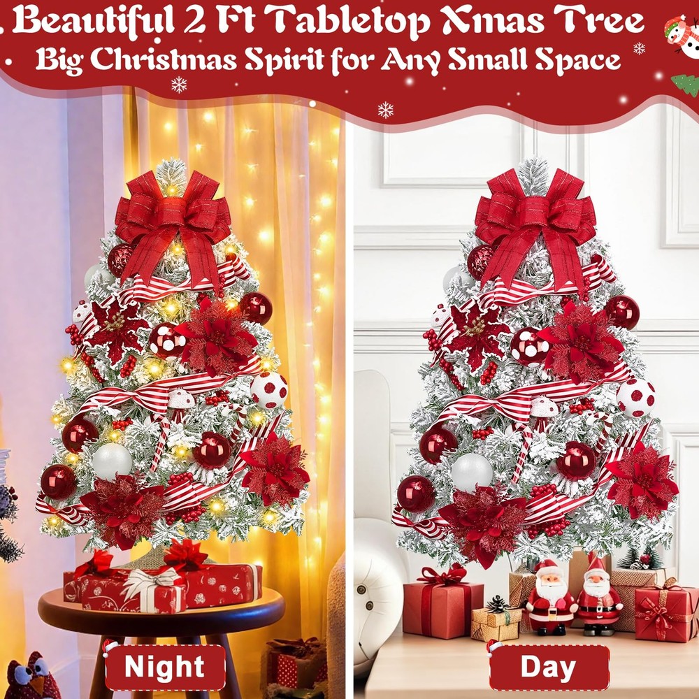 Uspring Small Flocked Christmas Tree with Lights, 2Ft Table 2ft 4in, White