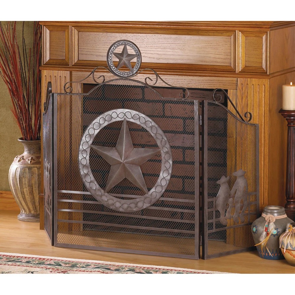 Texas Lone Star Fireplace Foldable Iron Screen 3 Panel Spark Ember Guard 35" H