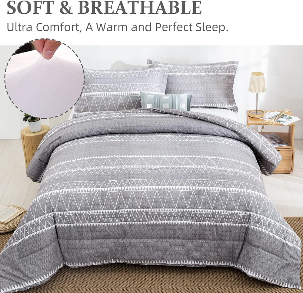 Grey Comforter King, Soft Microfiber Reversible Grey Boho down Alternative Comfo