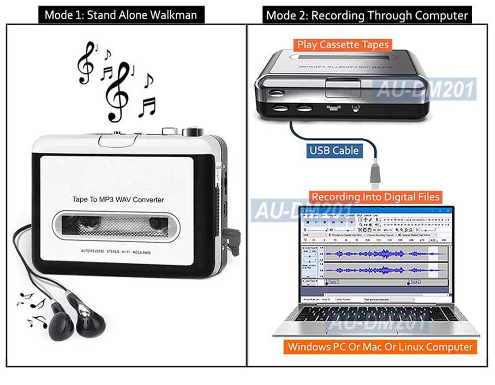 2-In-1 Cassette Player + USB Cassette Tape Recorder For PC Mac Linux System