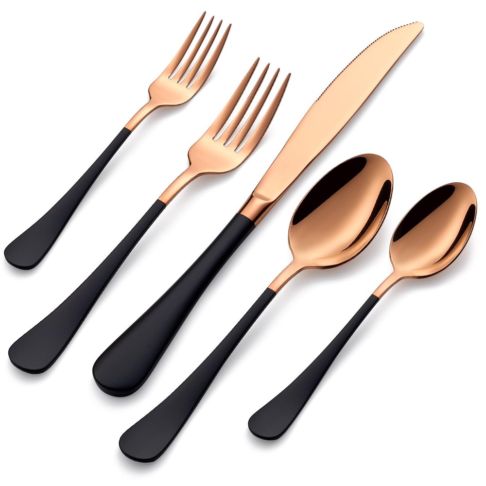 20-Pieces Rose Gold and Black Silverware Sets for 4,Black Handle Stainless St...
