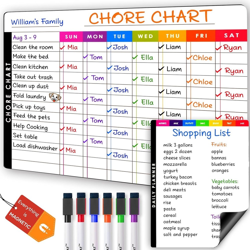 Multi-User Magnetic Whiteboard & Chore Chart Set - Bring Fun to Responsibility
