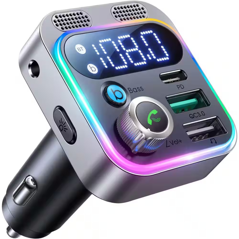 Bluetooth 5.3 FM Transmitter Car Adapter Dual Mics Hifi Deep Bass Sound 48W PD Q