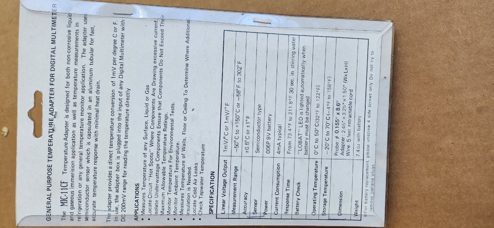 Digital Multimeter Temperature Adapter for any Surface, Liquid or Gas MIC-11CF