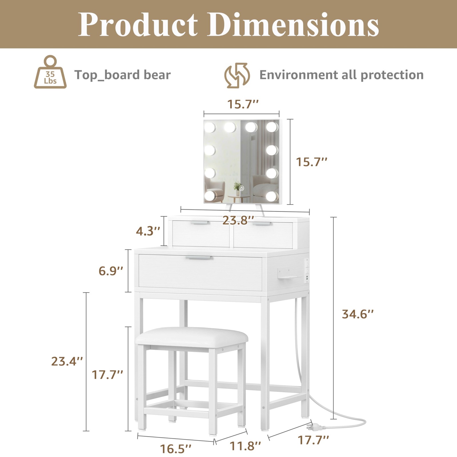 White Makeup Vanity Desk with Hollywood Mirror and Lights, Girls Vanity Set w...