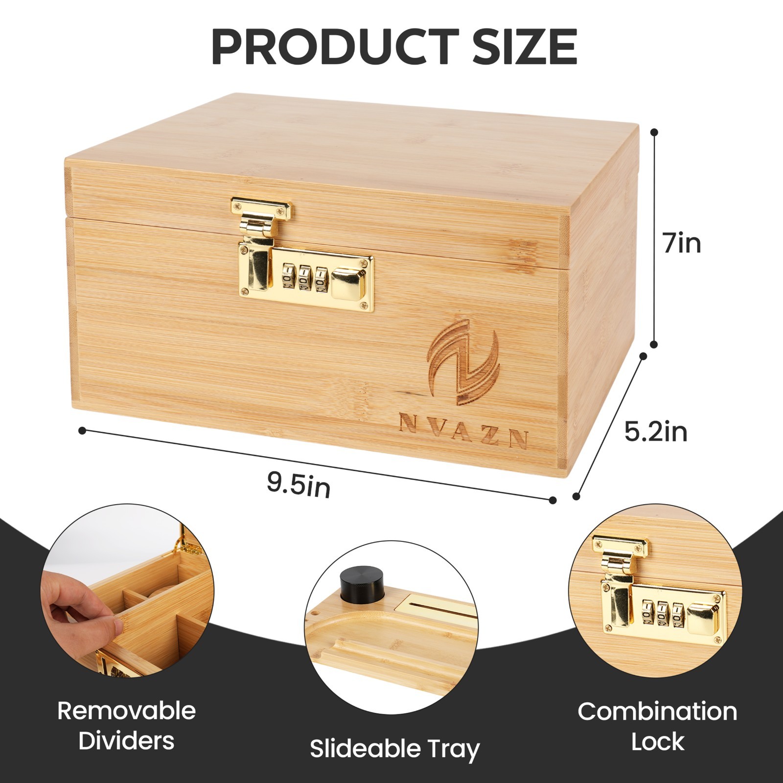 Stash Box Large - Smell Proof Bamboo Box with Rolling Tray - Storage Wood Box
