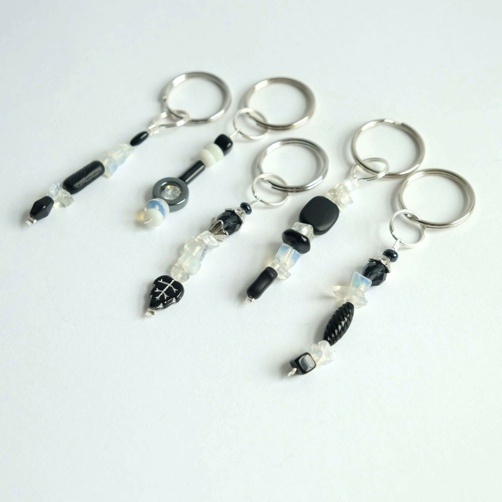 Handmade Matte and Polished Black Bead Opalite Chip Keychain Silver Tone Keyring