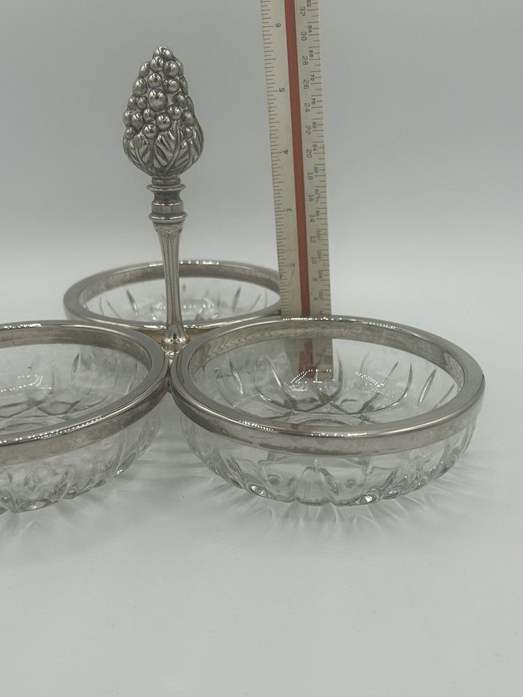 VINTAGE 3 SECTION SILVERPLATE AND GLASS SERVING DISH WITH GRAPE HANDLE
