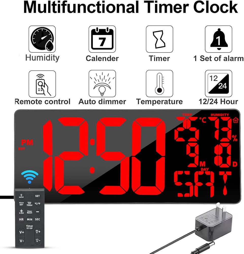 [Oversized] 18" Large Digital Wall Clock with Remote Control, Auto-Dimming Digit
