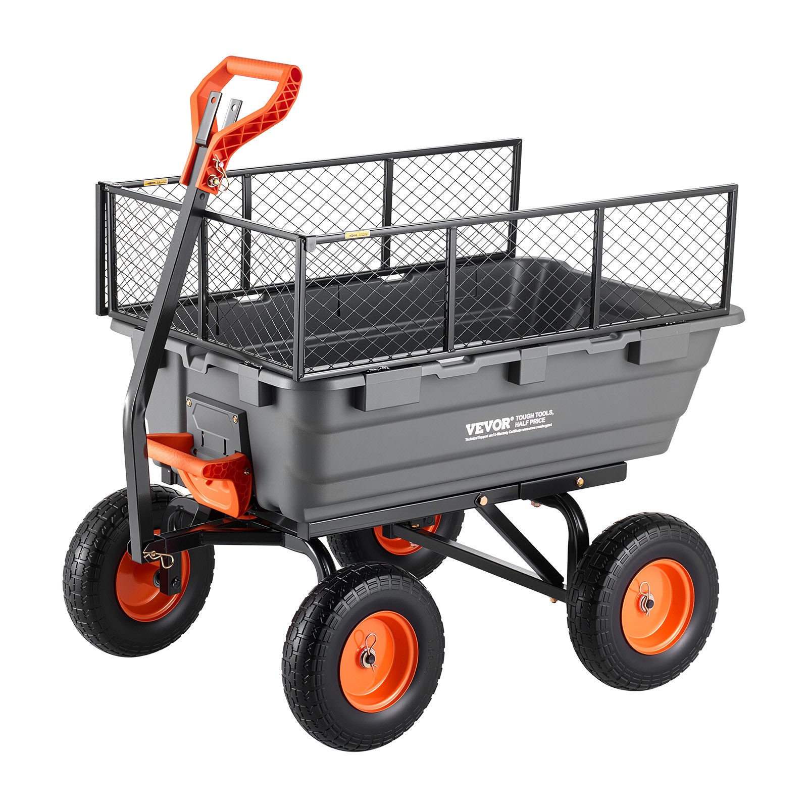 VEVOR Garden Dump Cart 1200lbs Poly Dump Cart with 2-in-1 Handle & Storage Fence