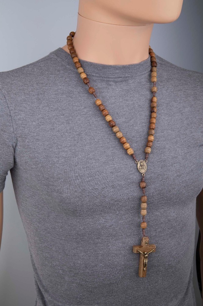 Rosary Necklace for Men Wooden Brown Carved Beads Strong Cord Rope Catholic
