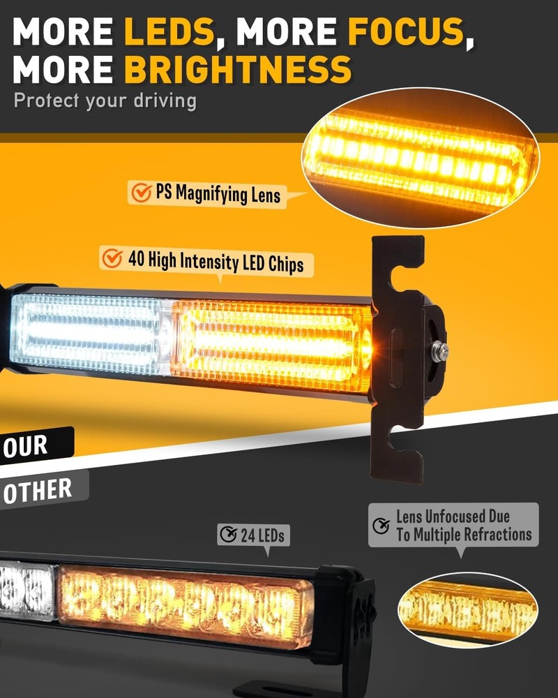 LED Warning Light Bar 40 Amber White Dash Strobe 10.7in