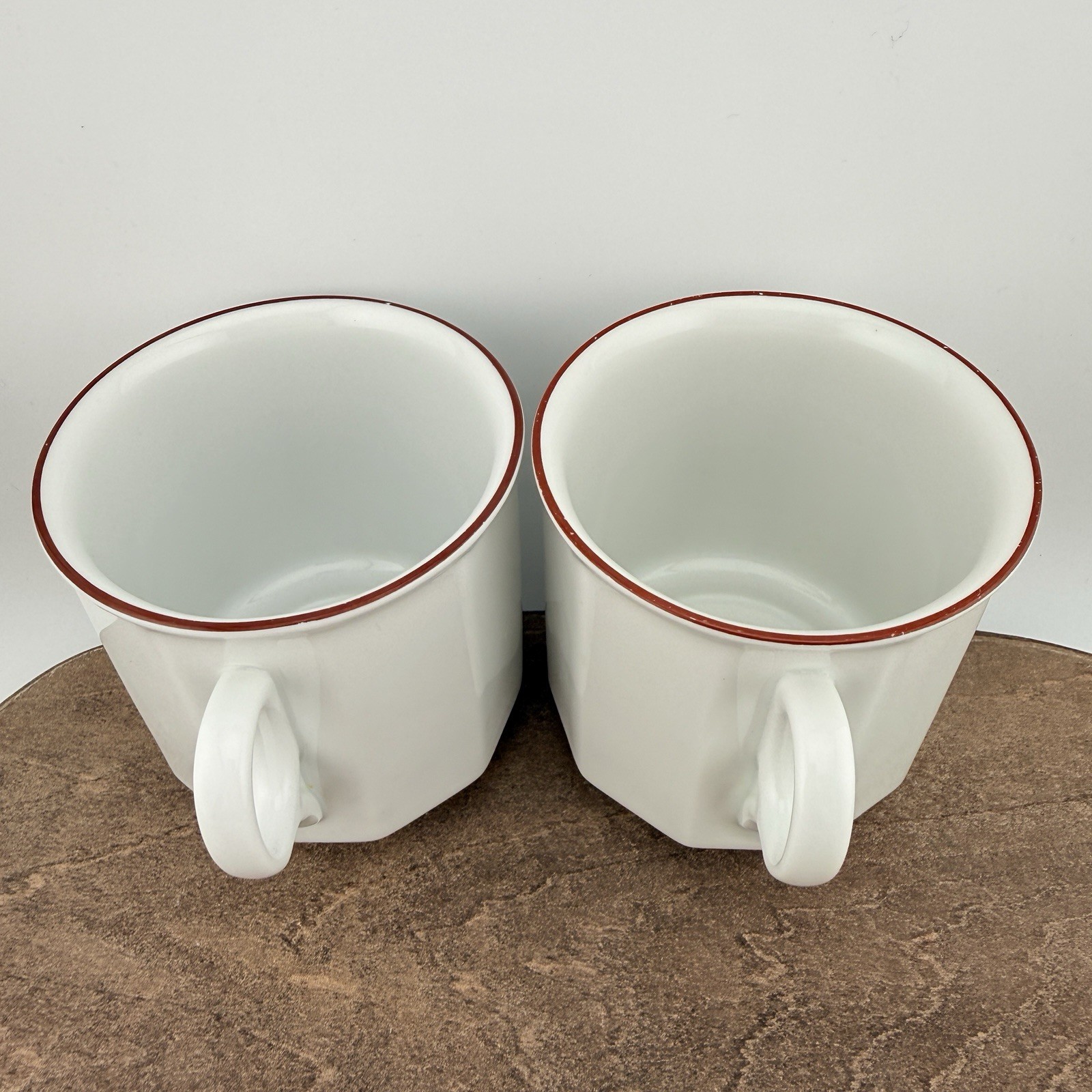 Vintage Porsgrund Norway Octavia Red Rim Coffee Tea Cup Mugs 8oz Faceted Set