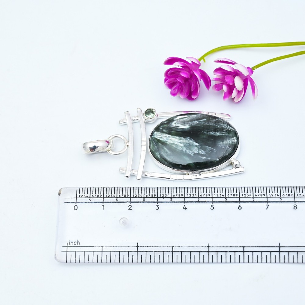 Natural Seraphinite & Peridot Pendant 925 Solid Sterling Silver Handmade Jewelry