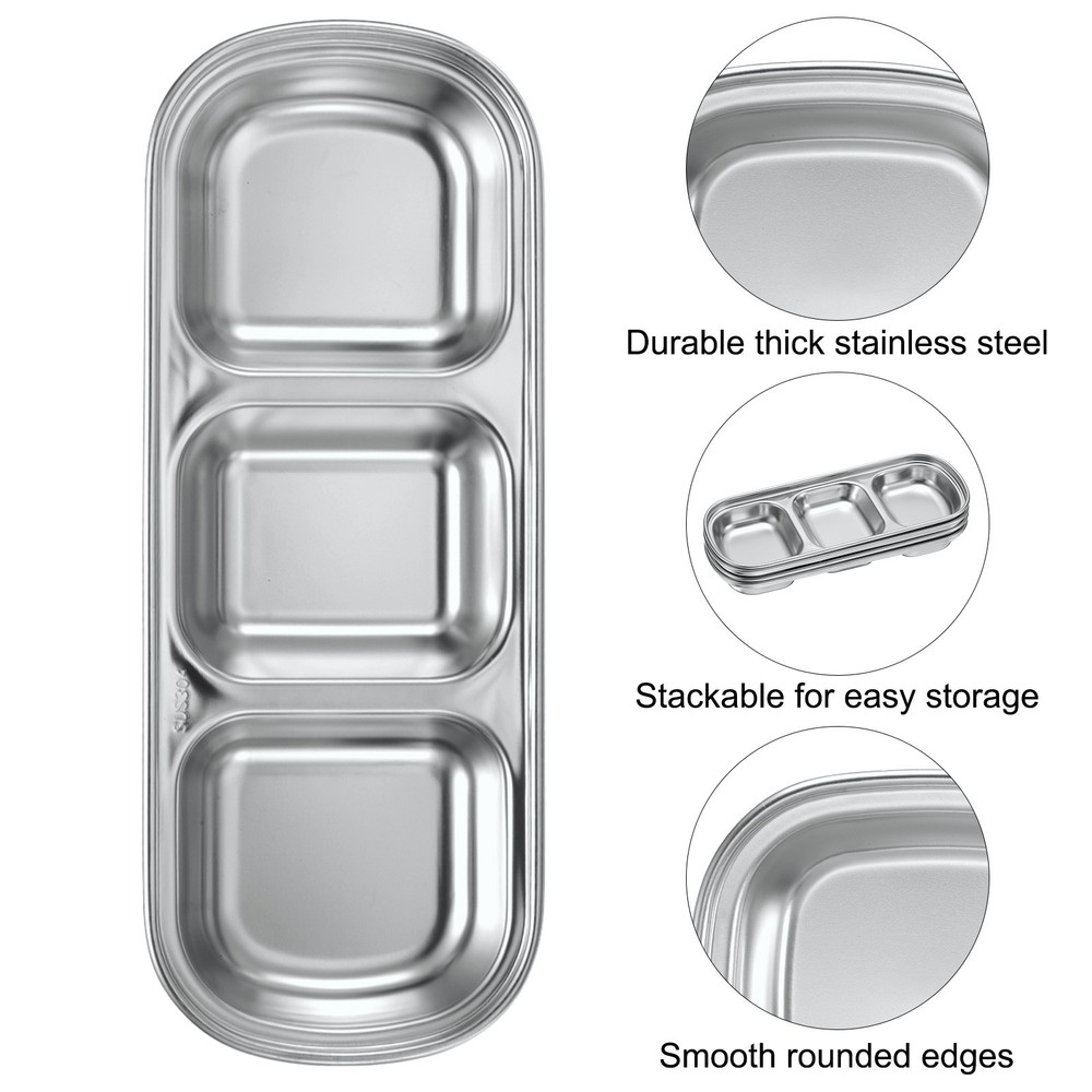 6pcs Metal Dish Dipping with 3 Rectangular Compartment Divided Silver