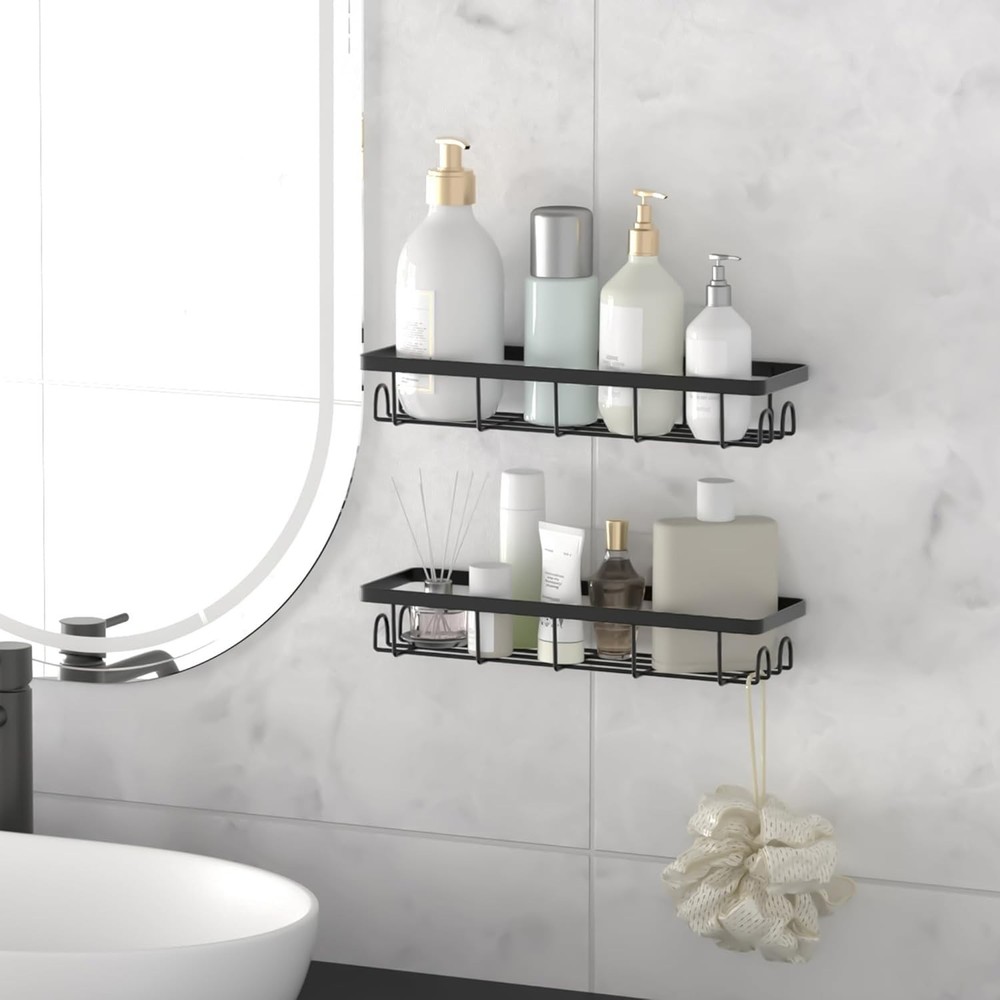 2-Pack Self-Adhesive Shower Caddy Organizer with Hooks Black