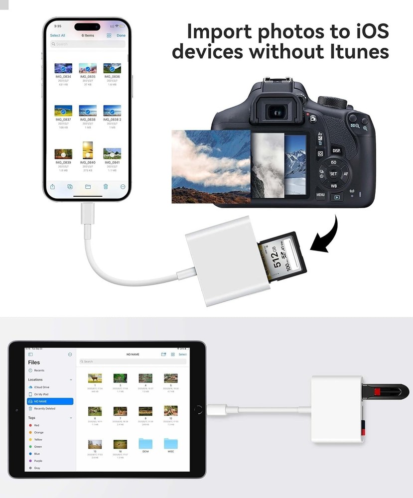 SD Card Reader for iPhone iPad Built-in Lightening & USB-C Dual Connectors Ca...