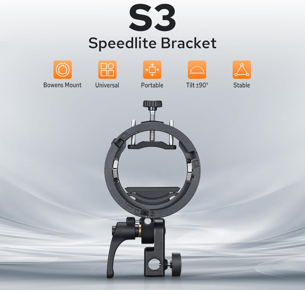 S3 Bowens Mount Flash Bracket, Compact & Lightweight with ±90° Tilt, Non-Slip Si
