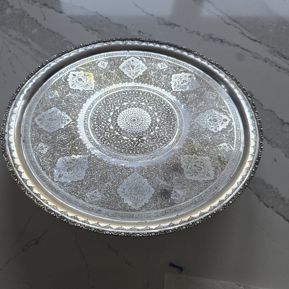 EXCEPTIONAL GENUINE ANTIQUE MIDDLE EASTERN SILVER ROUND TRAY