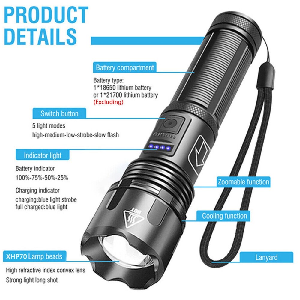 Super Bright LED Flashlight Tactical Rechargeable Work Lights Waterproof