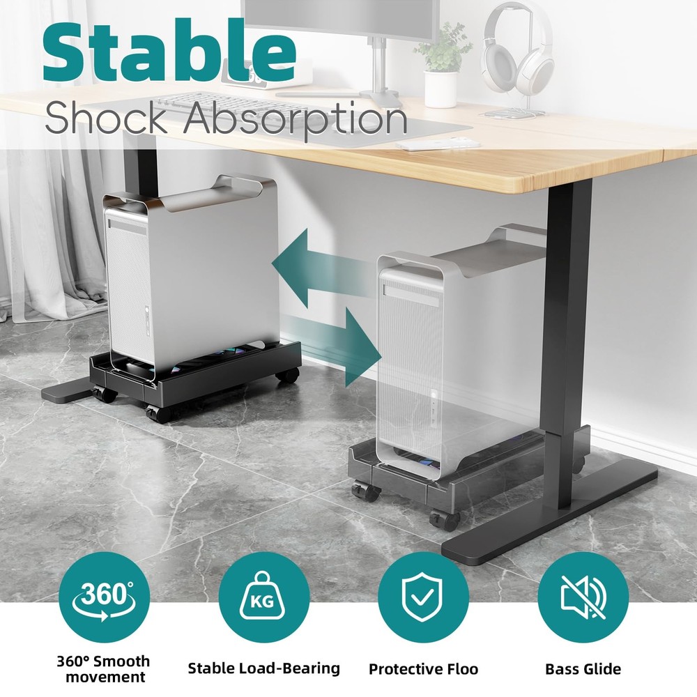 Adjustable Computer Tower Stand with Cooling Fan, Mobile CPU Holder with 4 Rolli