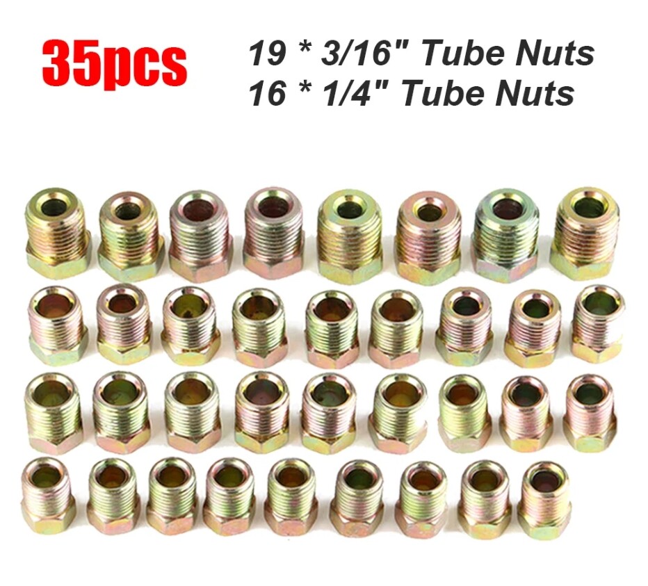 35pcs Brake Line Fitting Nuts Kit For Inverted Flares On 3/16 And 1/4 Tube