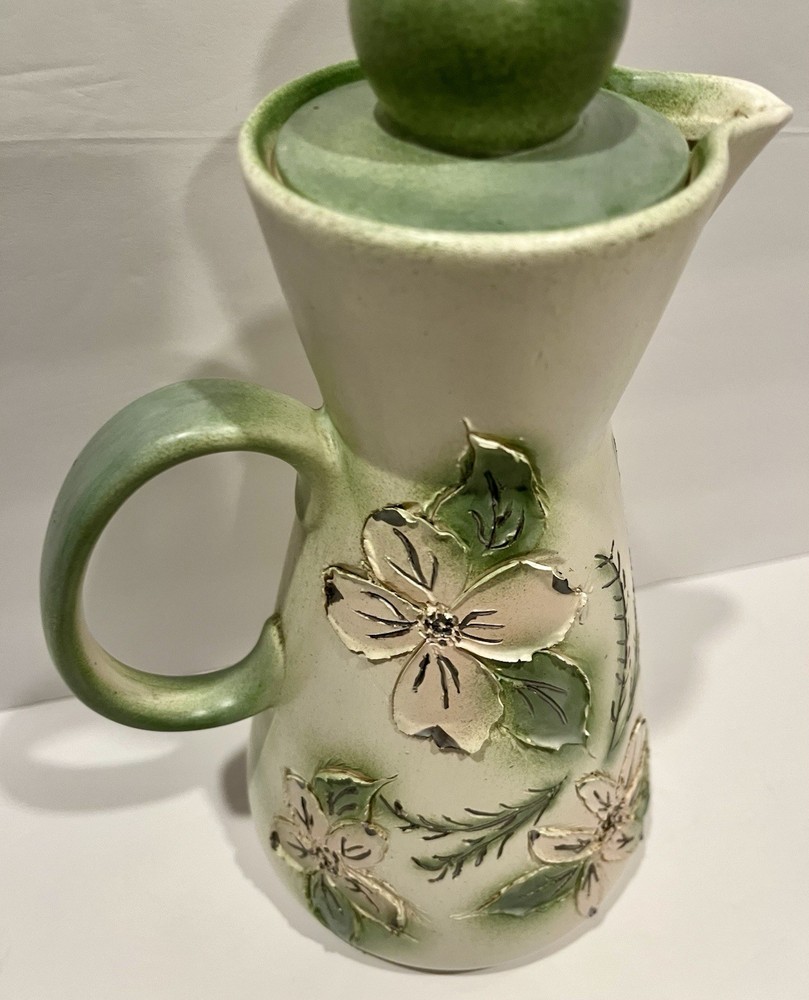 MCM CERAMIC PITCHER, HANDCRAFTED, FLORAL DECORATED, DIMENSIONAL, SIGNED MARION.