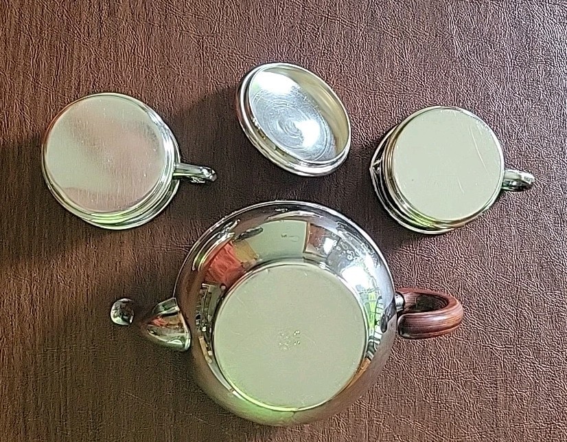 Vintage Friedman Silver Co. Silver Plated Tea Pot Stackable Cups Wood Handle