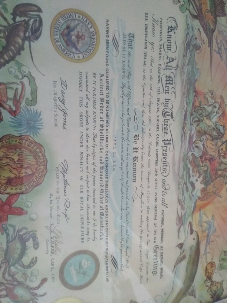 FRAMED 1962 Issued Shellback Imperium Neptuni Regis Certificate Paul E. LEE