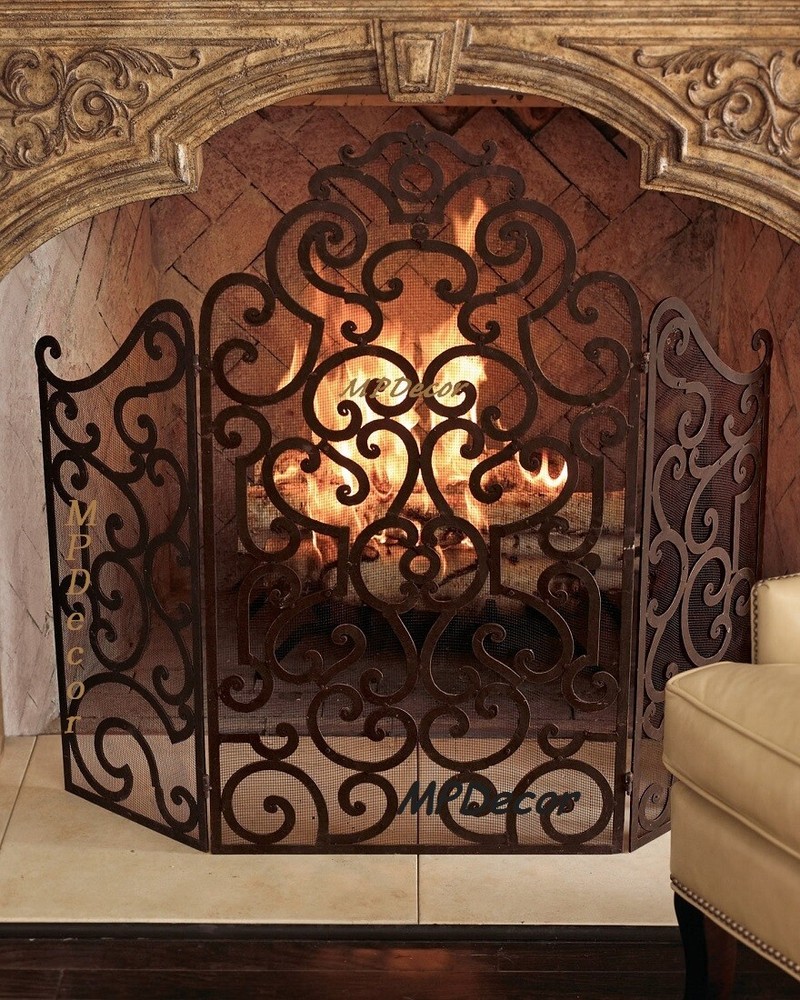 Scroll Design Fireplace Fire Screen Old World Tuscan Mesh Backing 48"W