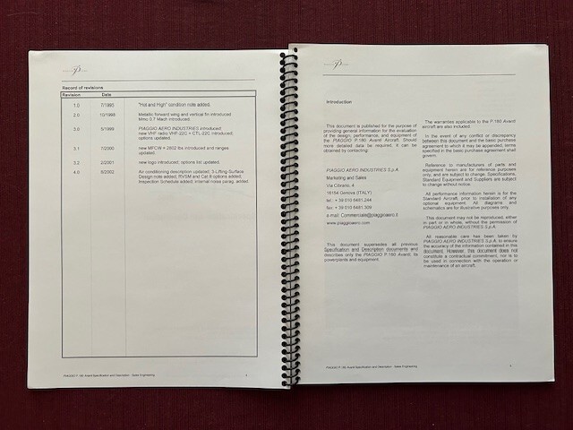 Piaggio P180 Spec and Description 2002 Spiral Brochure