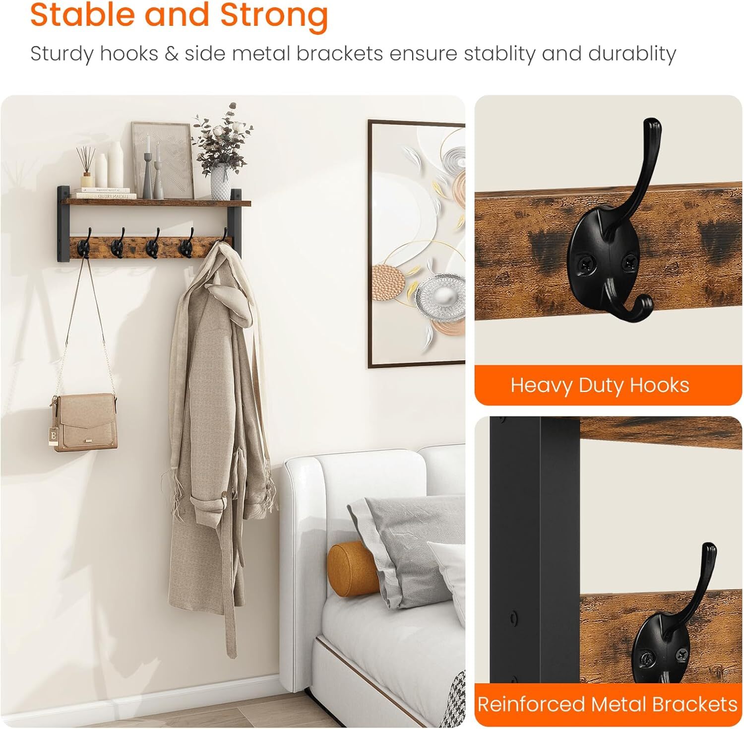 Wooden Wall-Mounted Coat Hanging Rack with Shelf and Hooks, Rustic - Brown Black