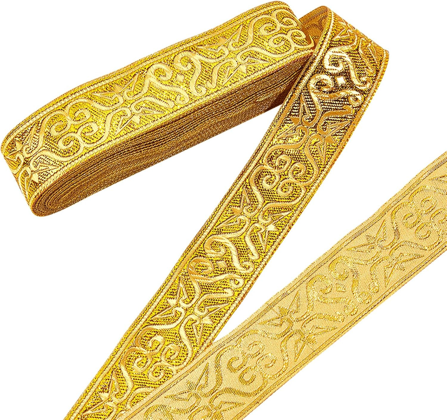7.7 Yards Gold Jacquard Ribbon Trim, 1-1/4 Inch Wide Boho Woven Trim Ethnic Flor