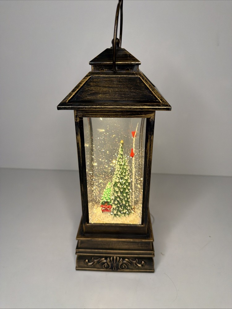 Christmas Snow Globe Automatic Flow Cardinal And Studebaker Lit Lantern 11"