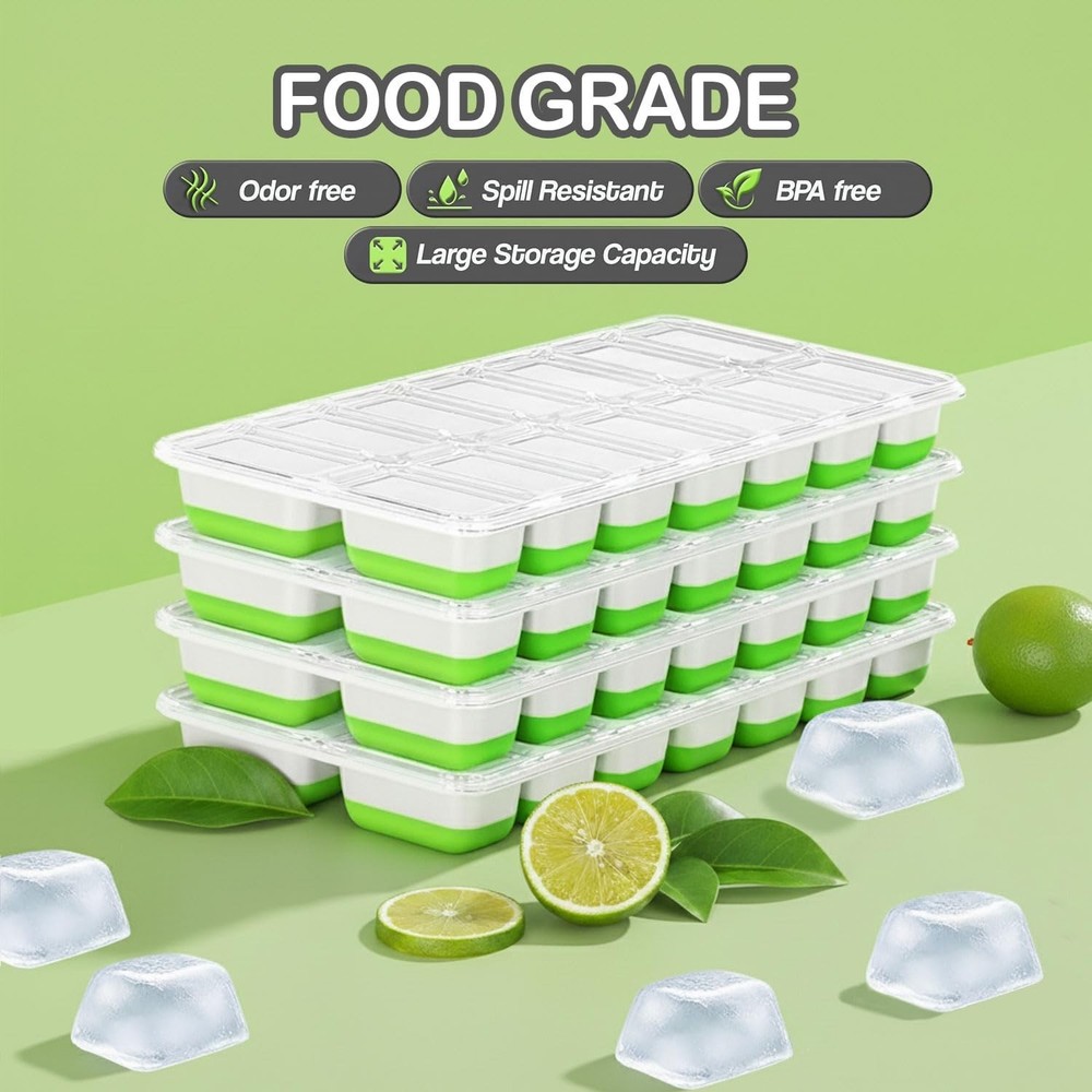 56pcs Ice Cube Tray with Large Bin - Silicone/Plastic, Green - 4 Pack Set