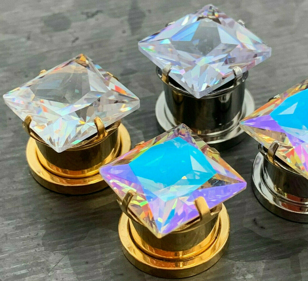PAIR Large Square CZ Gem Steel Screw Fit Tunnels Ear Plugs Gauges Earlets