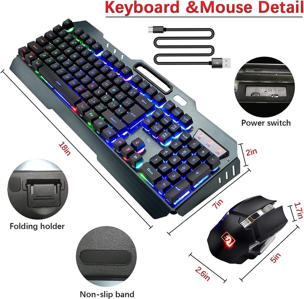 Rechargeable Wireless Gaming Keyboard & Mute Mouse, Waterproof & Mechanical Feel