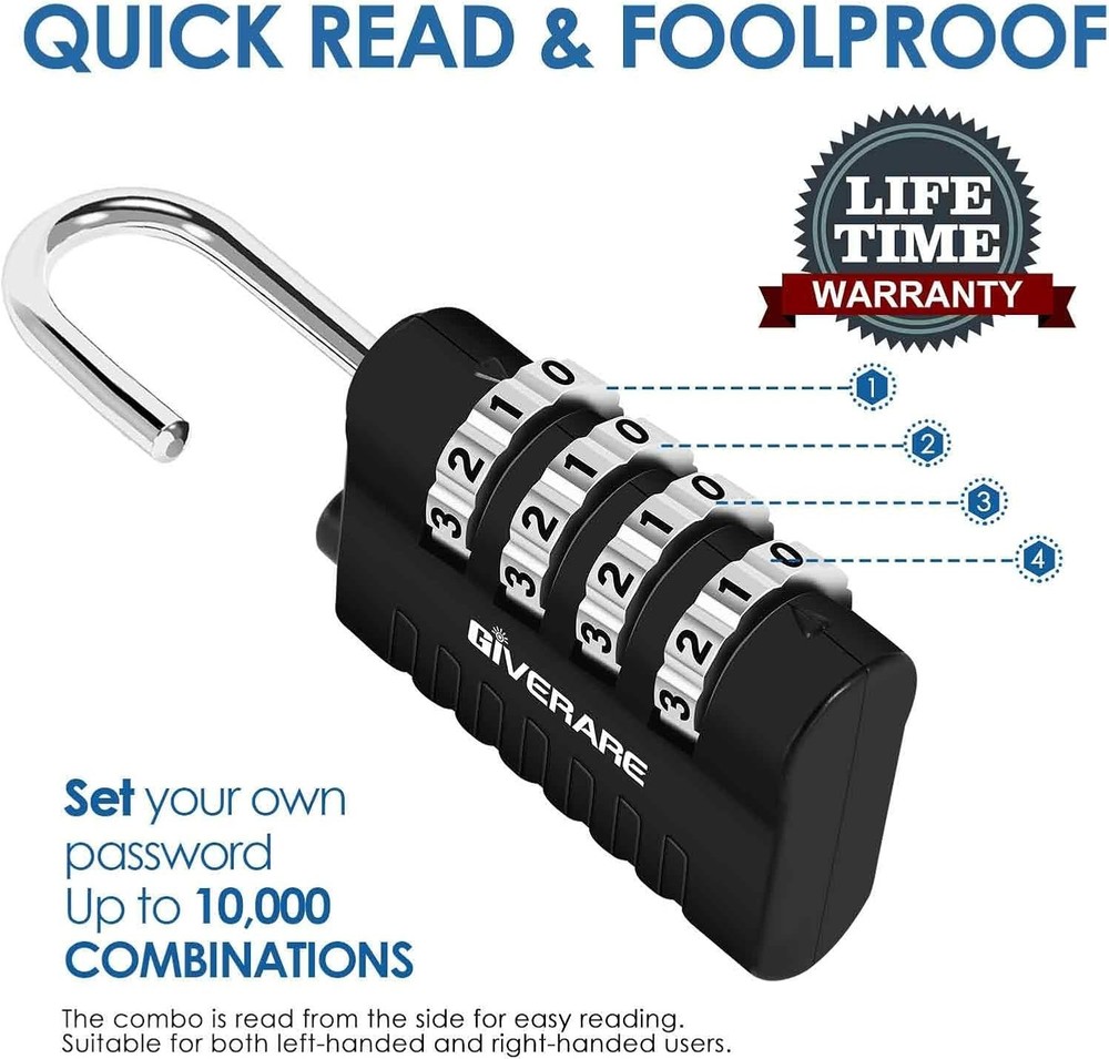 4 Pack Keyless 4-Digit Combination Lock - Lightweight, Weatherproof Padlocks