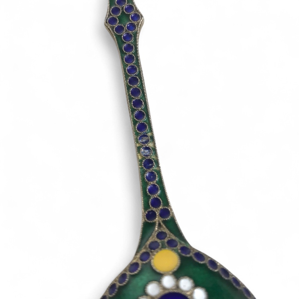 Large 7" Antique Russian Enameled Silver Spoon