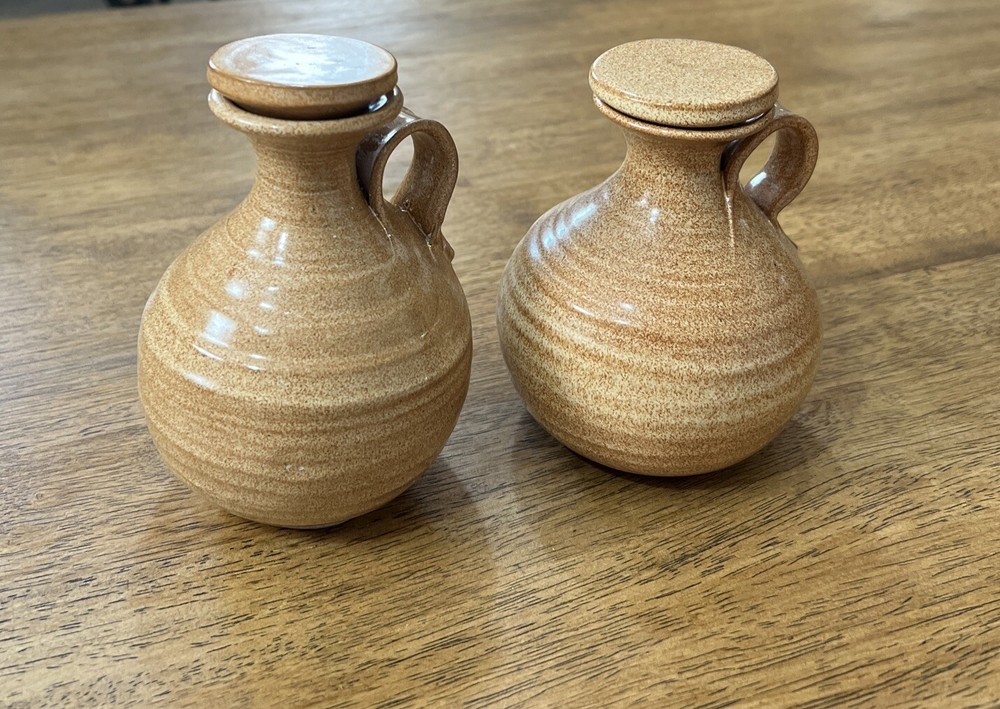 Art Pottery Mini Pitchers Glaze With Lids Rustic Decorations 2 Pcs.