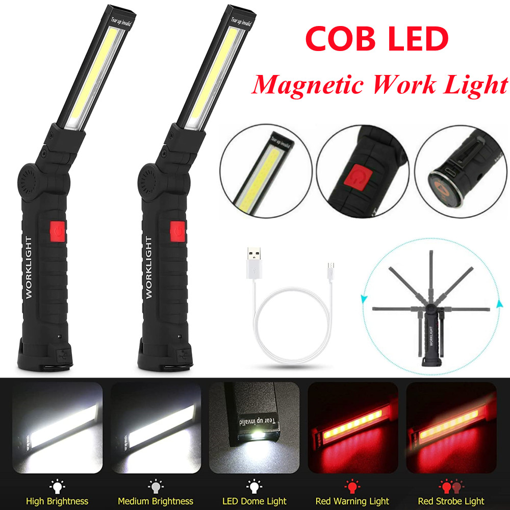2PCS USB Rechargeable LED Work Light with Magnetic Base & Folding Torch Design