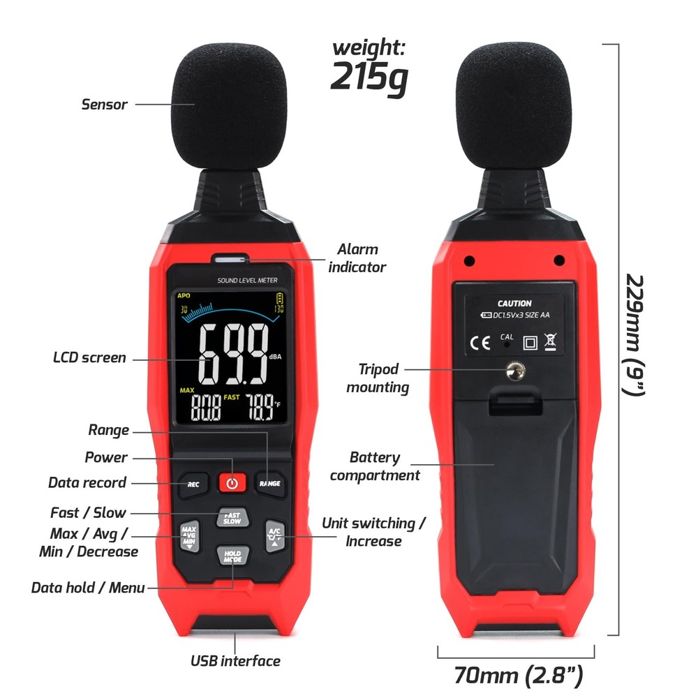 Sound Level Meter Datalogger A/C/Z, Portable