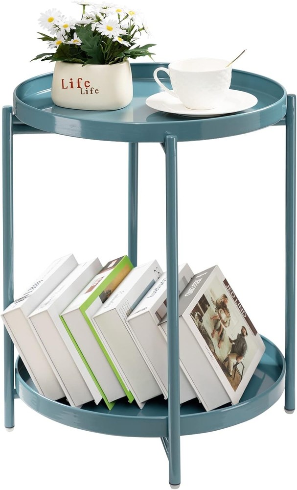 2 Tier Round Side Table, Folding Round Metal End Table Small