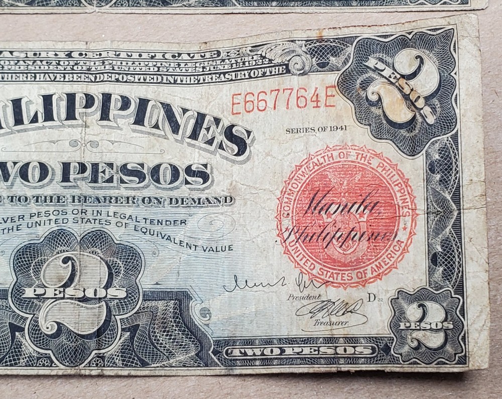 1936 and 1941 Philippines Two Pesos Banknote