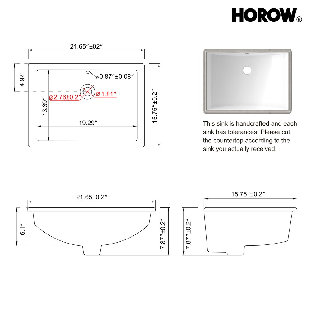 21.6" x15.7" White Ceramic Rectangle Undermount Bathroom Sink with Overflow