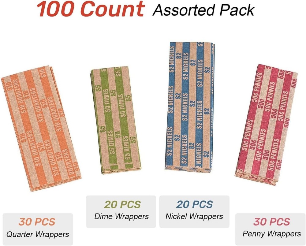 Assorted Coin Wrapper Pack - 100 Quality, Easy to Use, Color-Coded Rolls